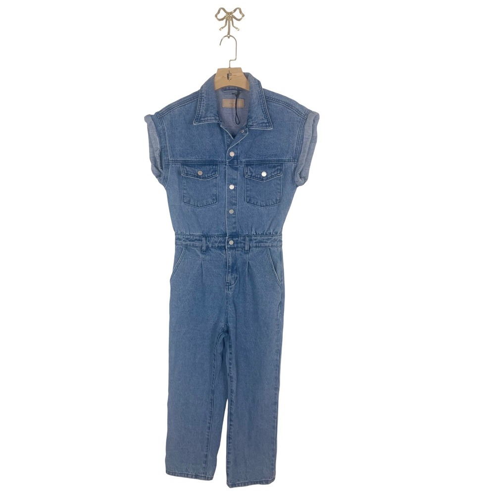 Blank NYC Blue Denim Jumpsuit Cuffed‎ Cap Sleeve Button Front Utility XS